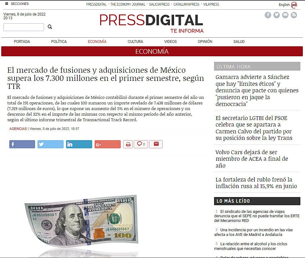 El mercado de fusiones y adquisiciones de Mxico supera los 7.300 millones en el primer semestre, segn TTR